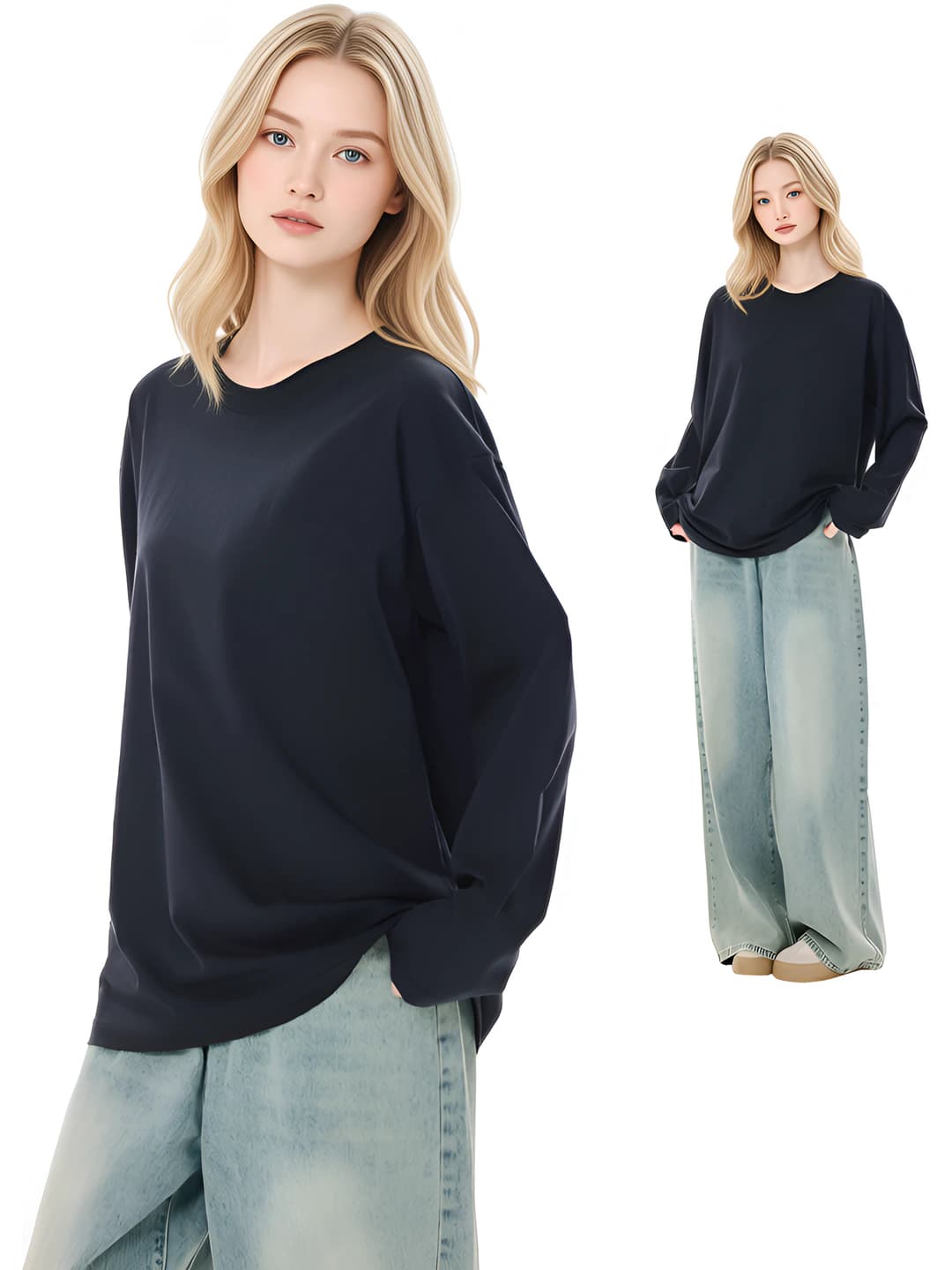 Women's pure cotton long sleeve crew neck loose fit solid colour long-sleeve base top for autumn-winter