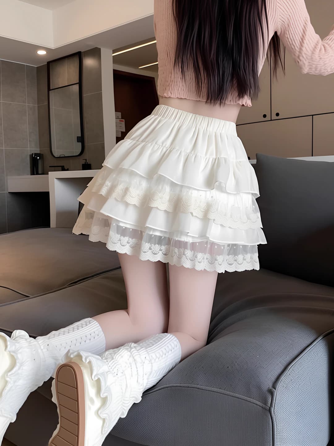 Women's white lace tiered A-line mini skirt, summer, high waist, slimming, for petite, casual