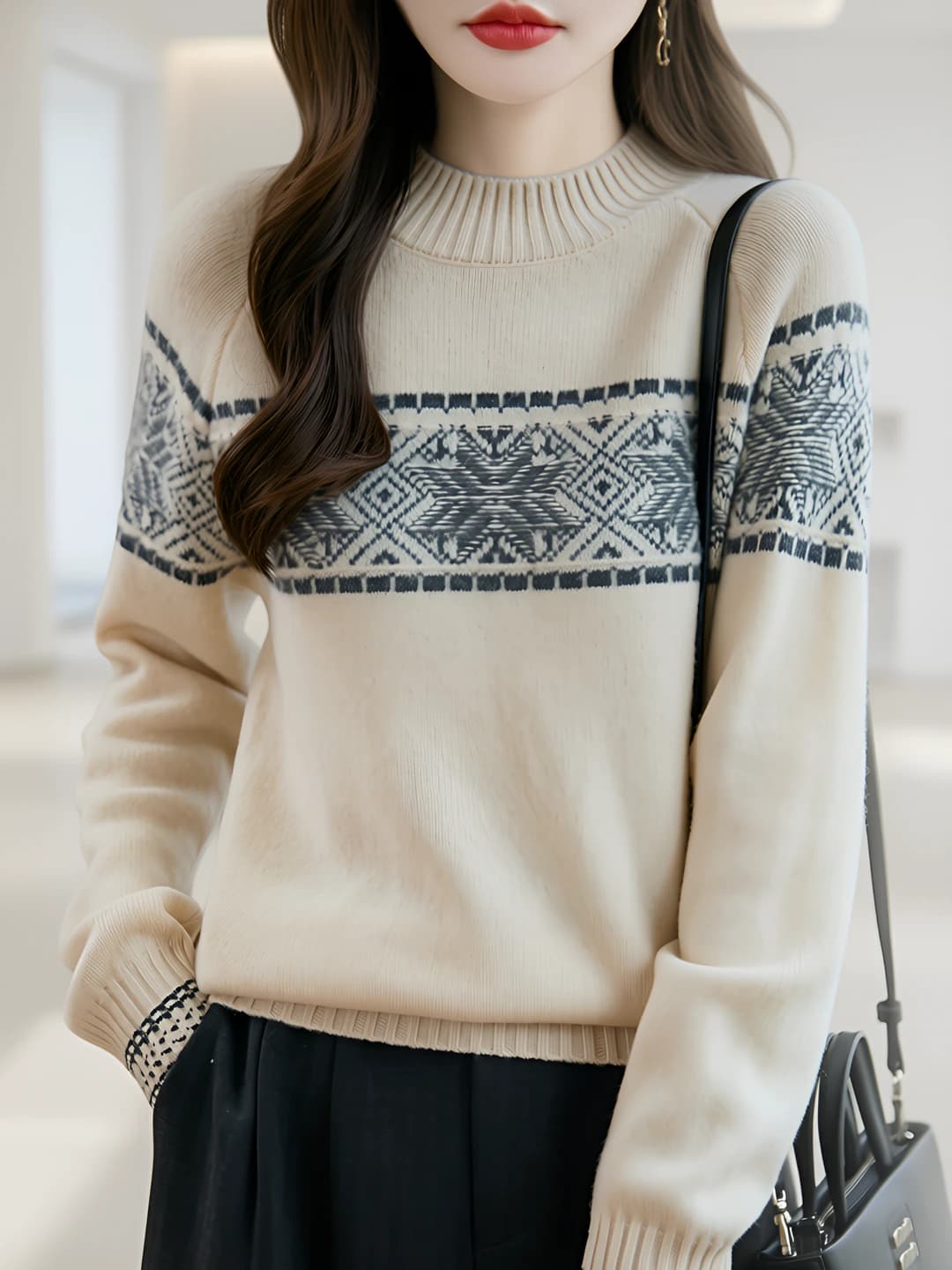 Ayollar uchun kuz-qish dumaloq yoqali jun sviter, bo'sh (oversize) kesim, qalinlashtirilgan, trikotaj sviter, 95% jun, uzun yeng, kundalik uslub