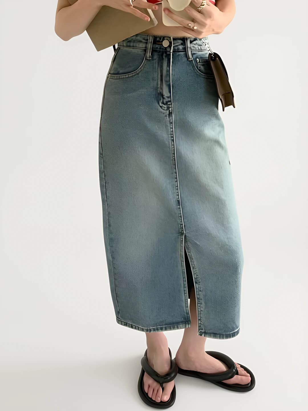 Женская джинсовая юбка с высокой талией, разрезом спереди, однотонная, А-силуэта, без эластичности, летняя