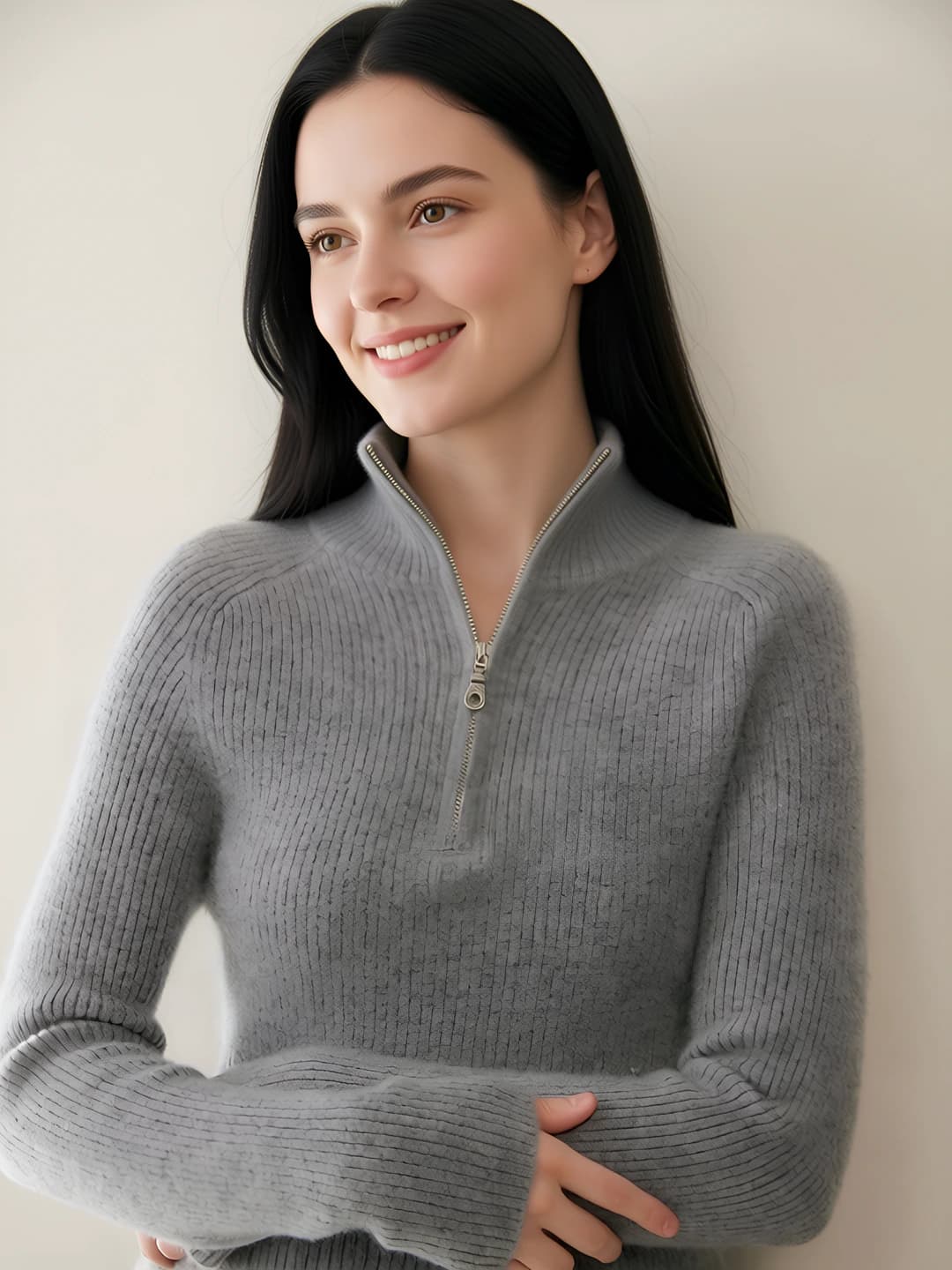 Women's cashmere sweater, autumn-winter, mock neck, zip, slim fit, slimming, casual, long sleeve