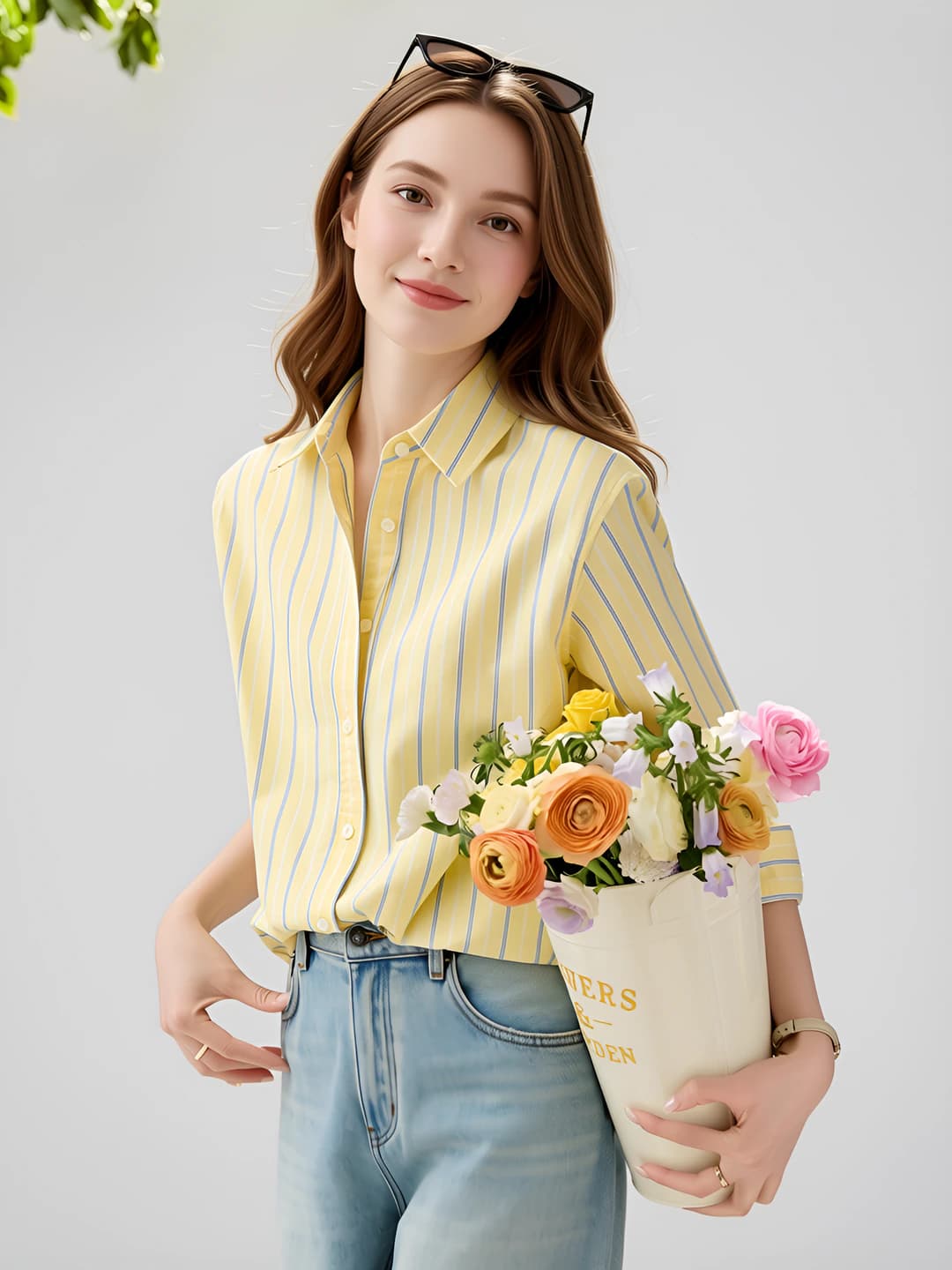 Women's long-sleeve striped collared shirt, loose fit, 100% cotton, spring