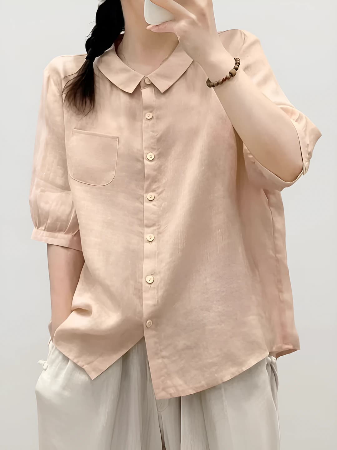 Ayollar uchun kalta yengli qaytarma yoqali ko'ylak-shirt, bir rangli, bo'sh (oversize) kesim, kundalik, retro uslub, 100% paxta