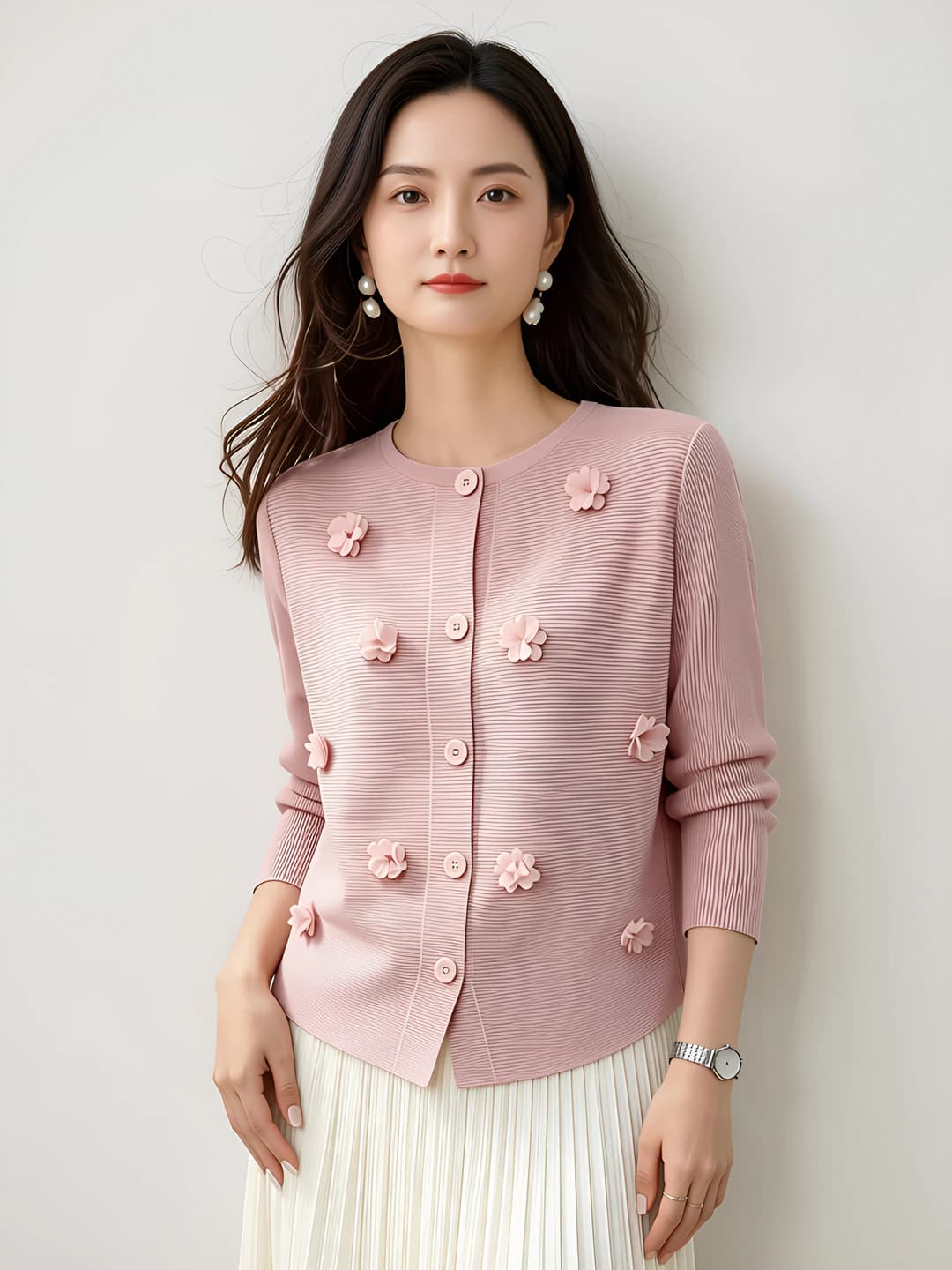 Women's summer knit cardigan, crew neck, long sleeve, loose fit, 3D floral pattern, simple and versatile style