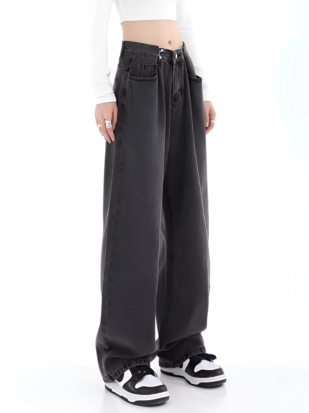 Ayollar uchun retro uslubdagi baland belli, nozik ko'rsatadigan, bo'sh (oversize) keng va klesh jinsi shimlar, to'g'ri kesim, uzun shim, kundalik, bahor-kuz
