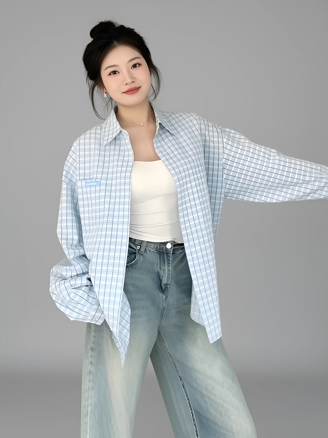 Ayollar uchun katakli uzun yengli ko'ylak-shirt, bahor-yoz mavsumi, retro uslub, bo'sh (oversize) kesim, POLO yoqa, kundalik
