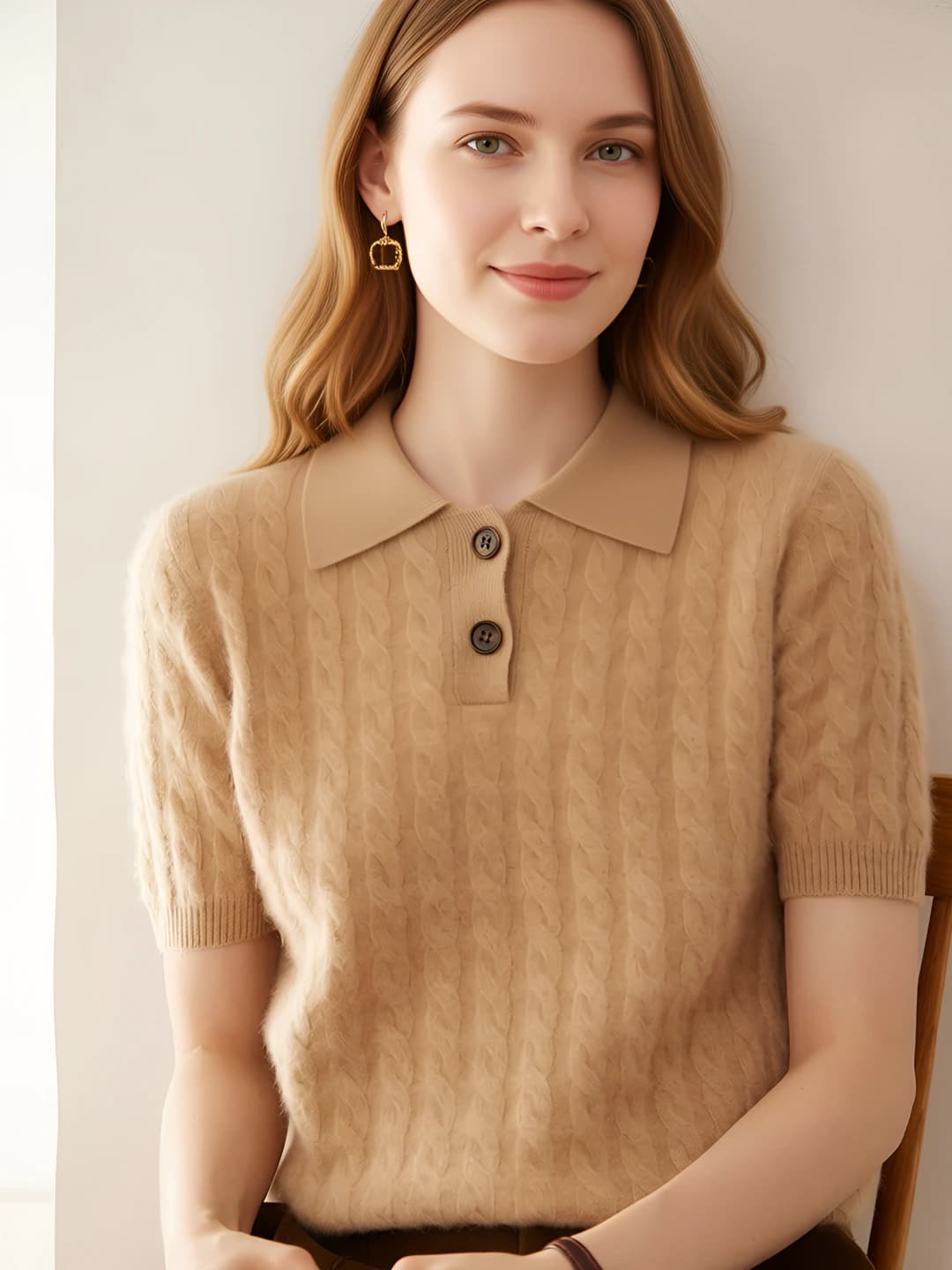 Women's cashmere cable-knit POLO collar short sleeve loose fit slimming sweater