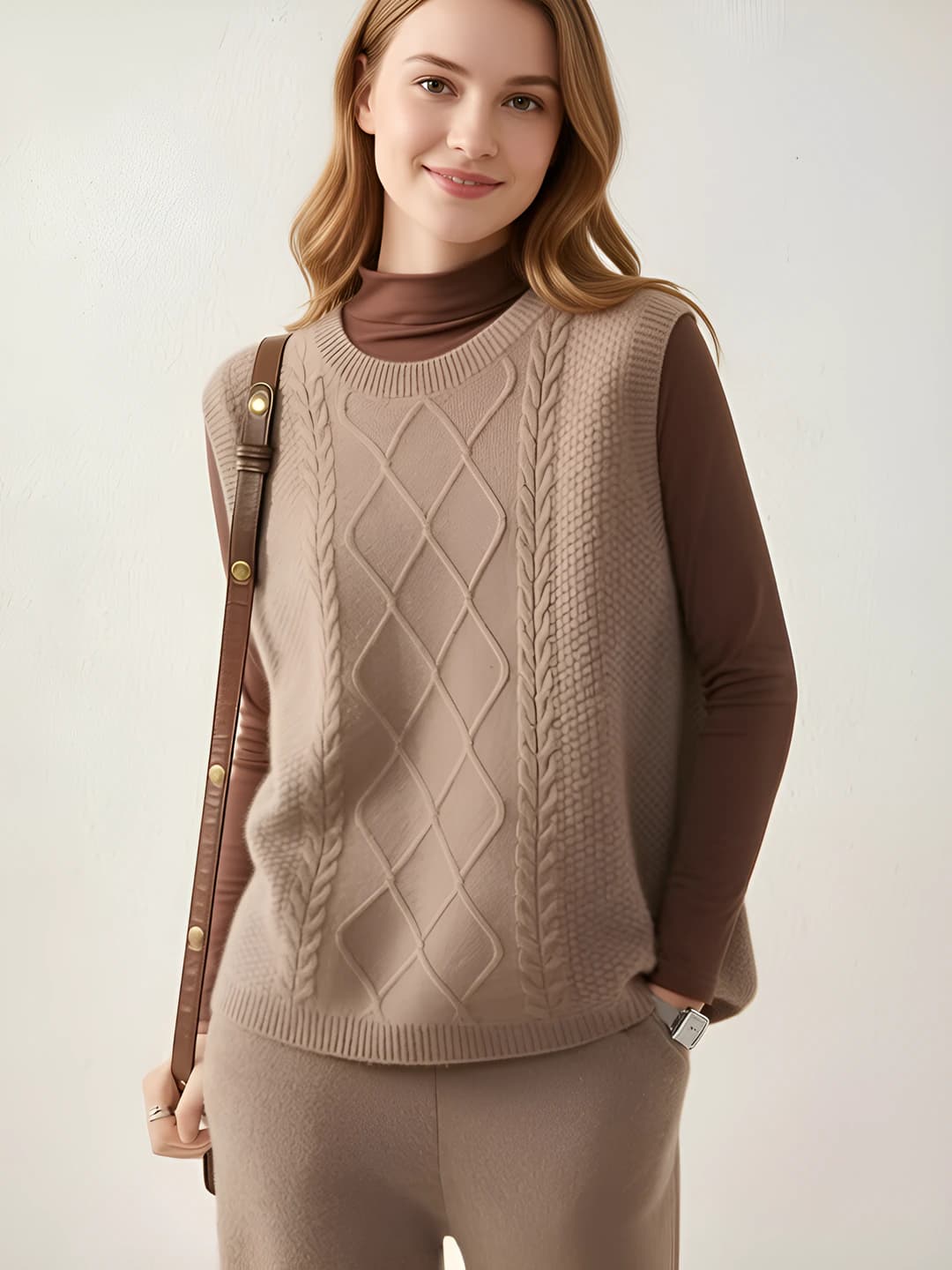 Women's autumn-winter wool vest, crew neck, sleeveless, loose fit, plus size, cashmere knit top, geometric pattern, oversized