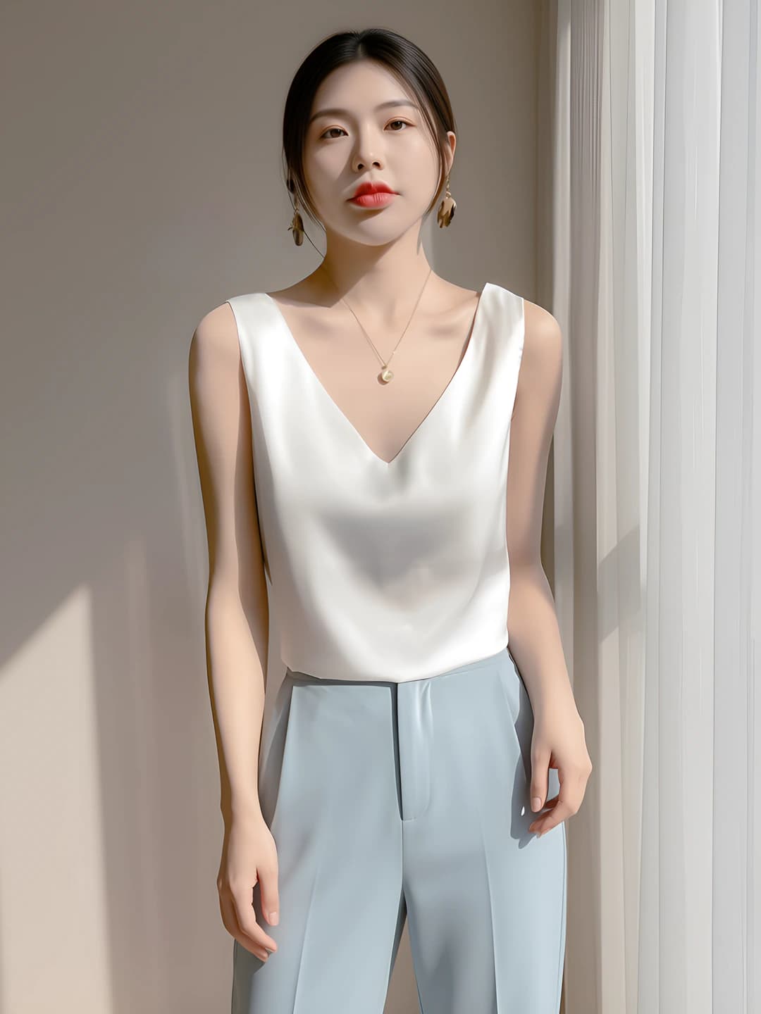Women's summer satin V-neck tank top, straight cut, long, solid colour, polyester