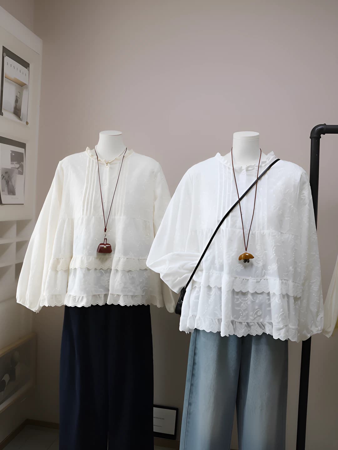 Women's Korean style lace, embroidered, slimming, long sleeve, stand collar, loose fit blouse for early spring 2026