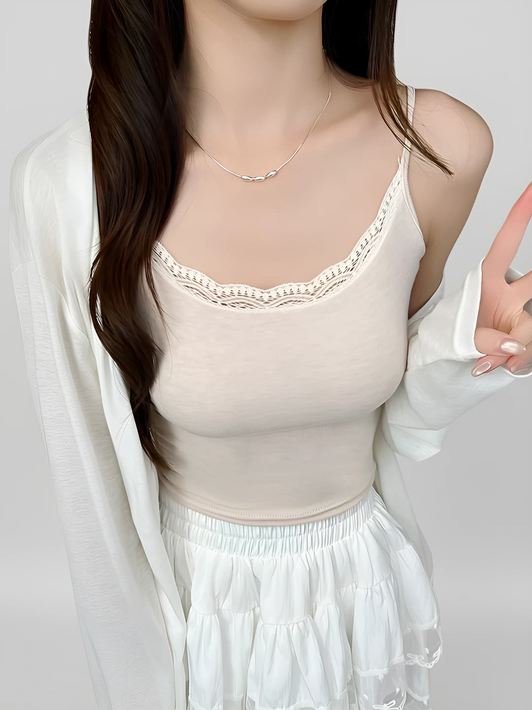 Women's lace-trim camisole tank top, summer thin, slim fit, slimming, with built-in bra pad, solid colour, stretch