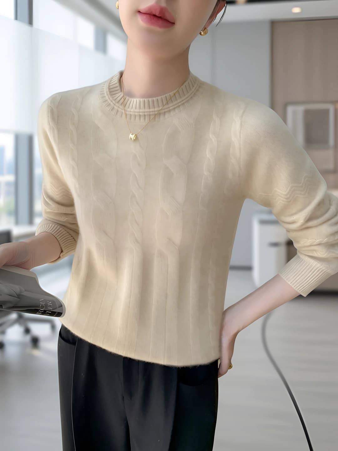 Women's cashmere sweater 2026 autumn-winter, crew neck, long sleeve, thick, warm, patterned, base layer