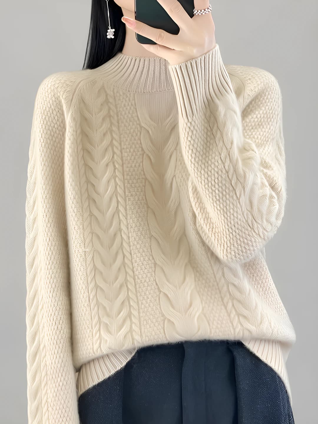 Women's cable knit sweater for autumn-winter, mock neck, thickened, warm, loose fit, 95% wool