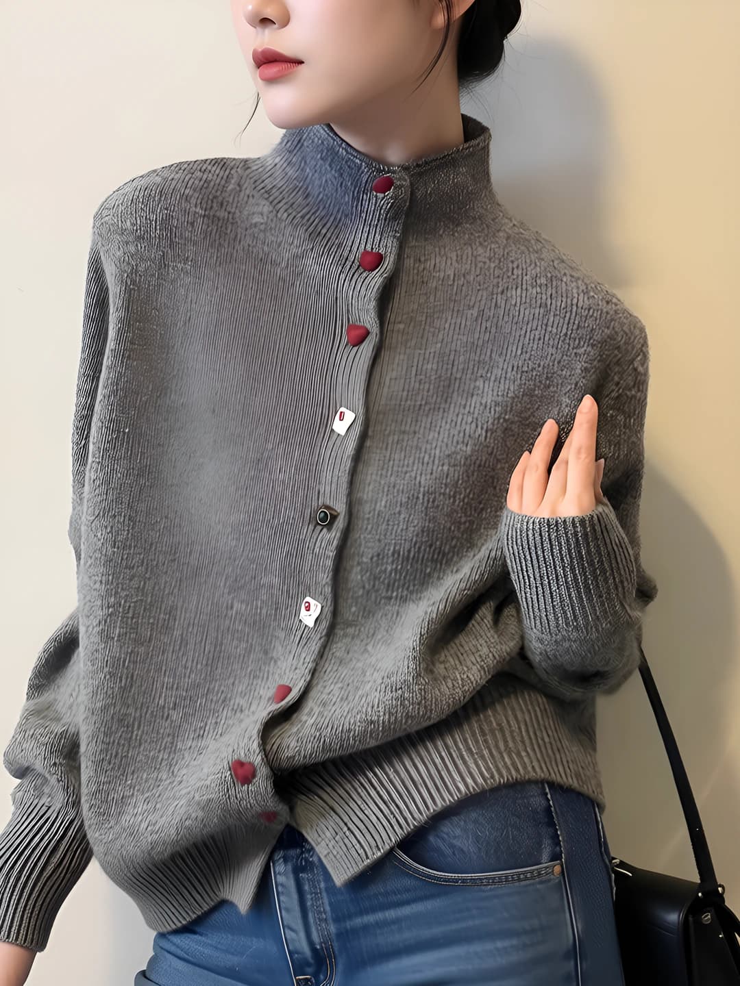 Women's pink knit cardigan, stand collar, long sleeve, loose fit, spring-autumn