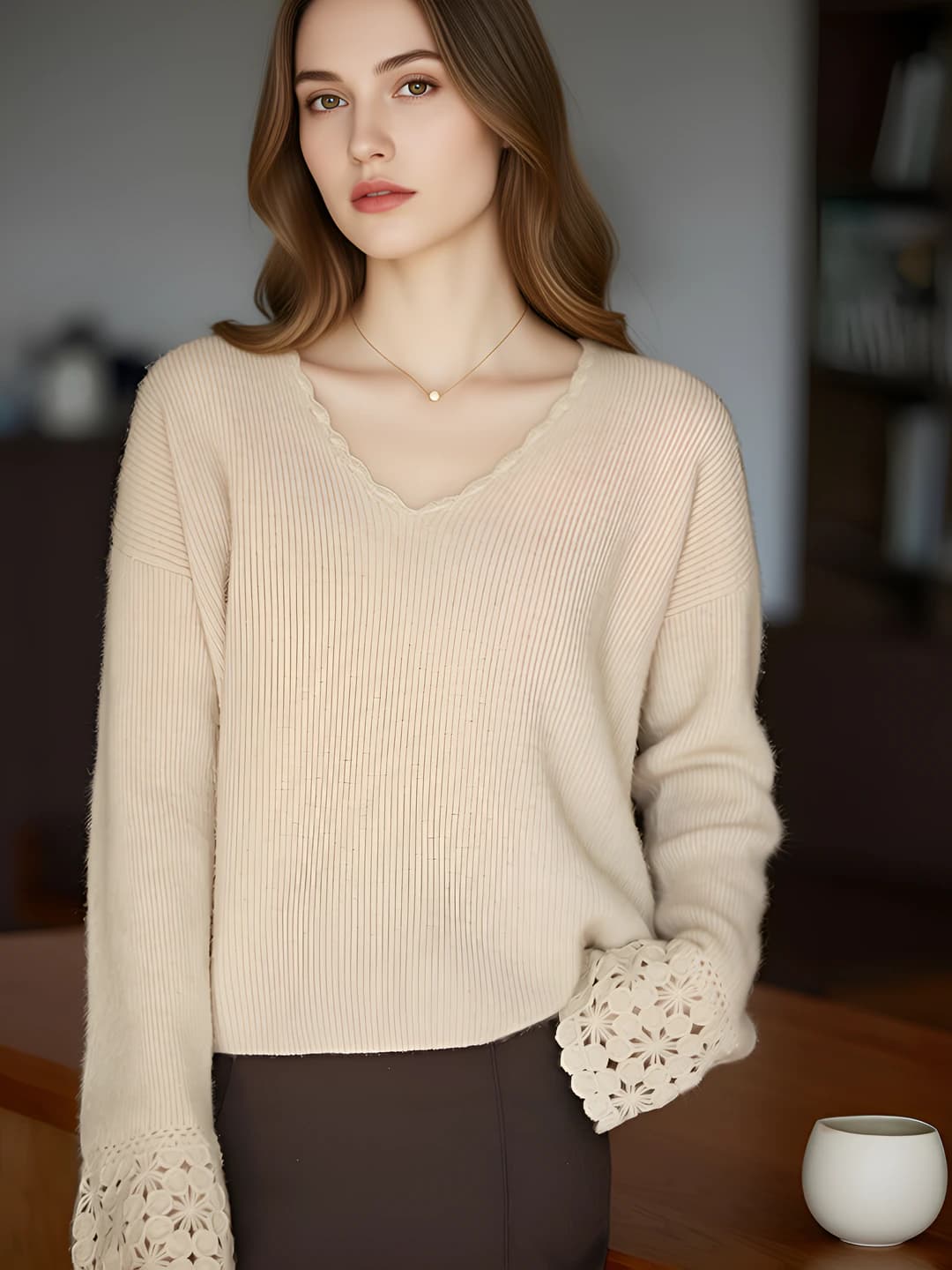 Ayollar uchun jun sviter, V-yoqa, uzun yeng, bo'sh (oversize) kesim, bir rangli, qalin