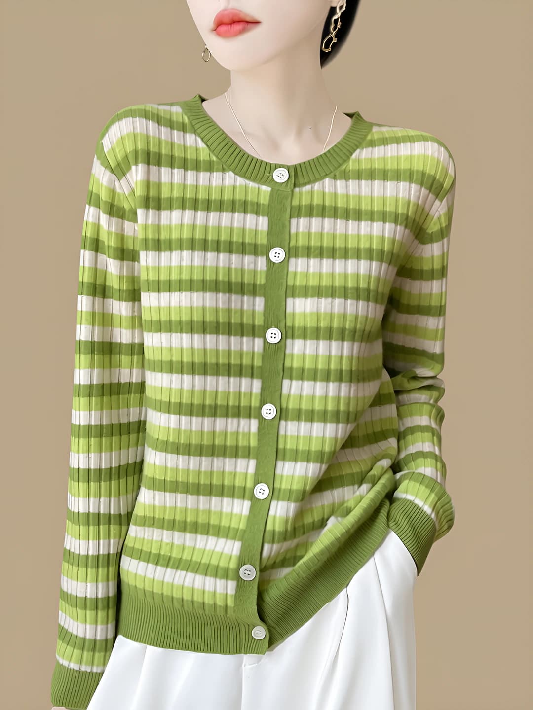 Women's 2026 autumn-winter striped knit cardigan, wool and cashmere, slim fit, crew neck, long sleeve