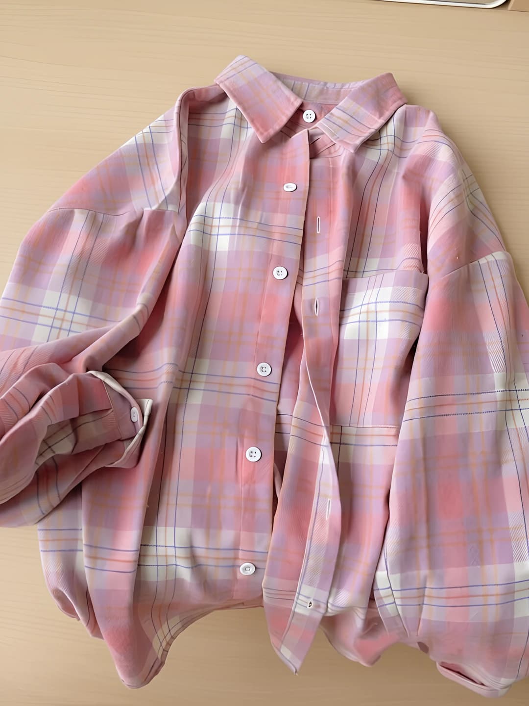 Women's pink checked shirt, spring-autumn, casual, plus size, slimming, long sleeve, lapel collar