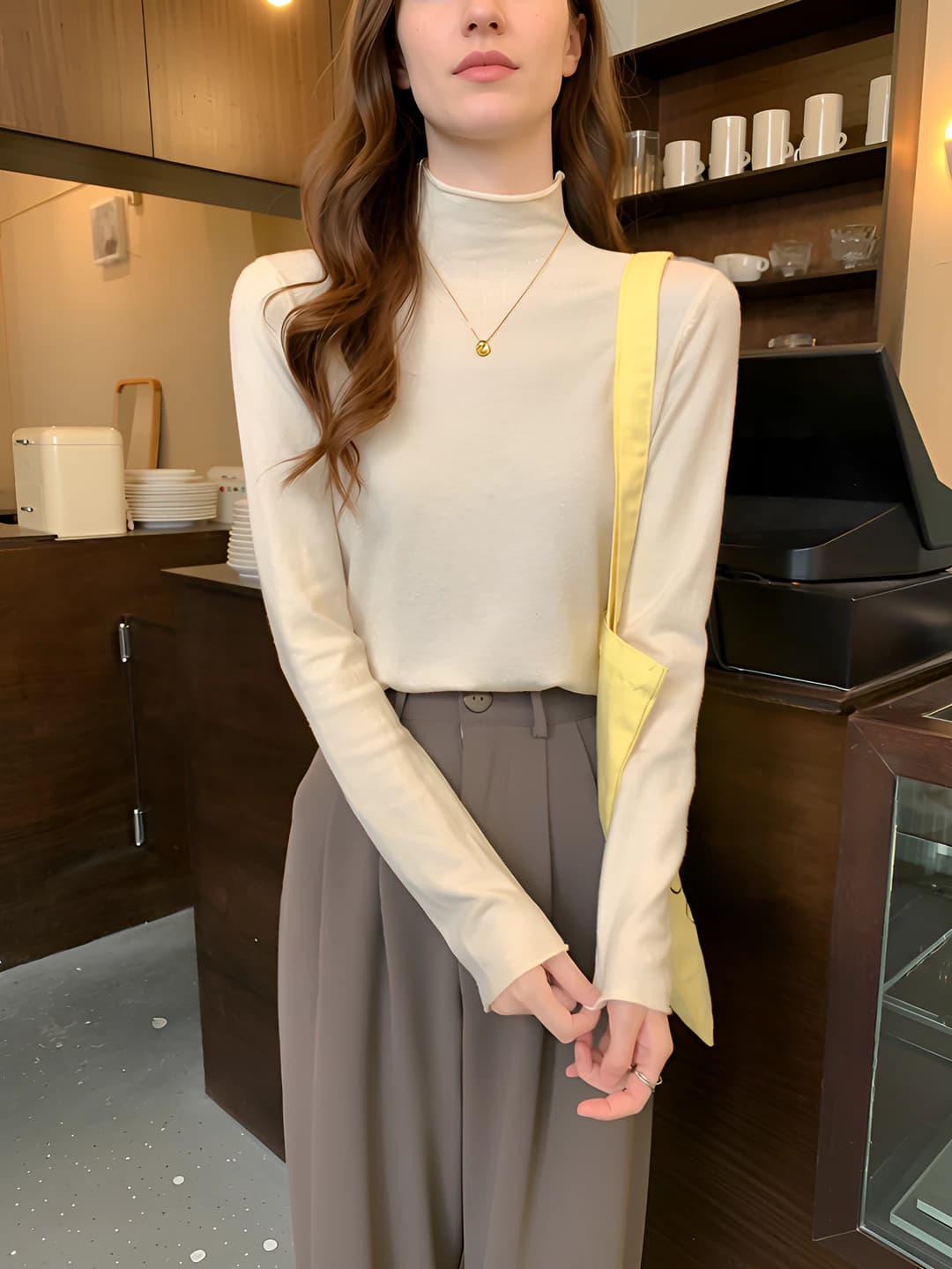 Women's autumn-winter thin knit pullover, mock neck, long sleeve, slim fit, for outerwear