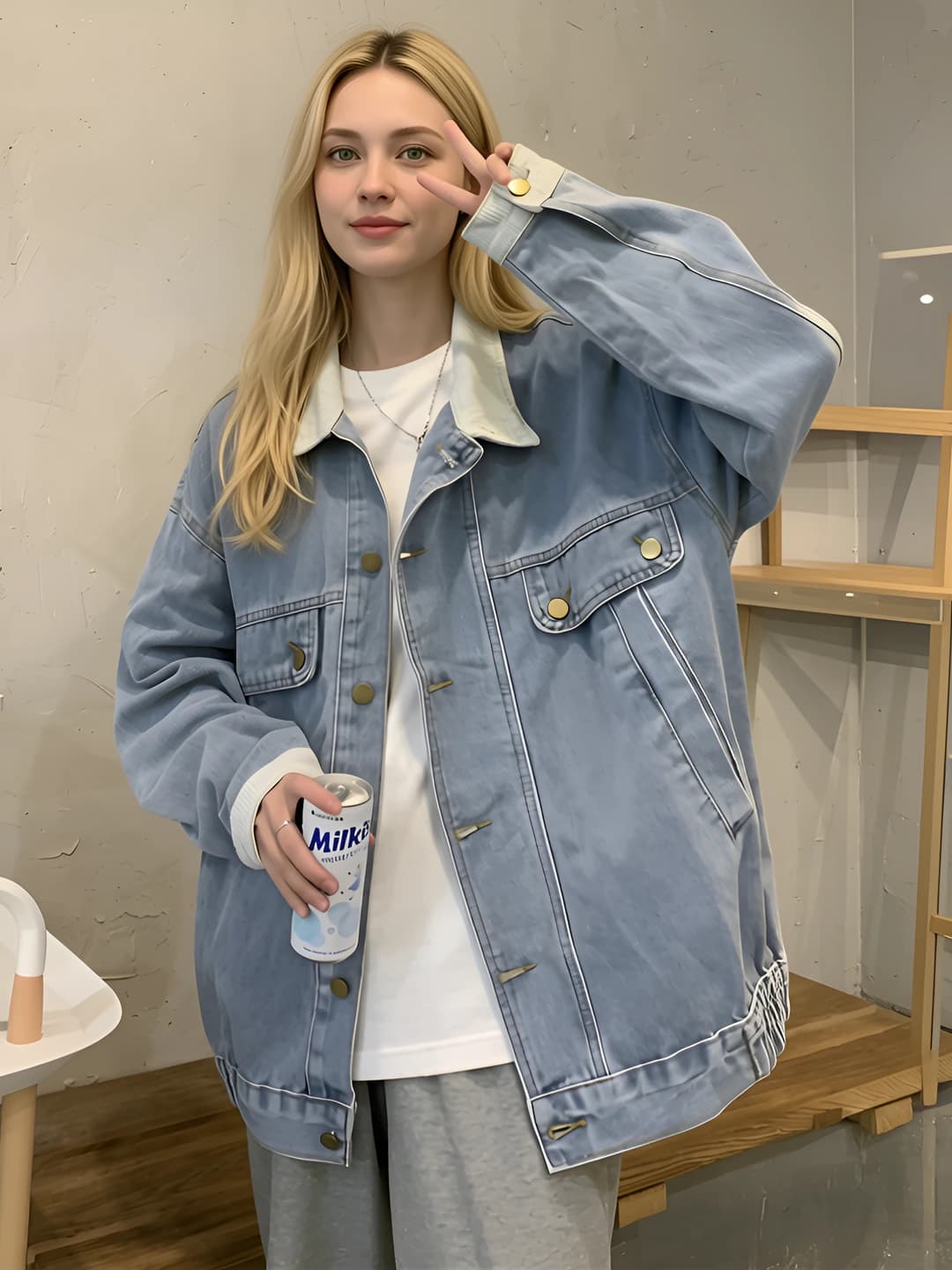Ayollar uchun 2026 bahor-kuz denim kurtkasi, bir rangli, bo'sh (oversize) kesim, uzun yeng, POLO yoqa, kundalik