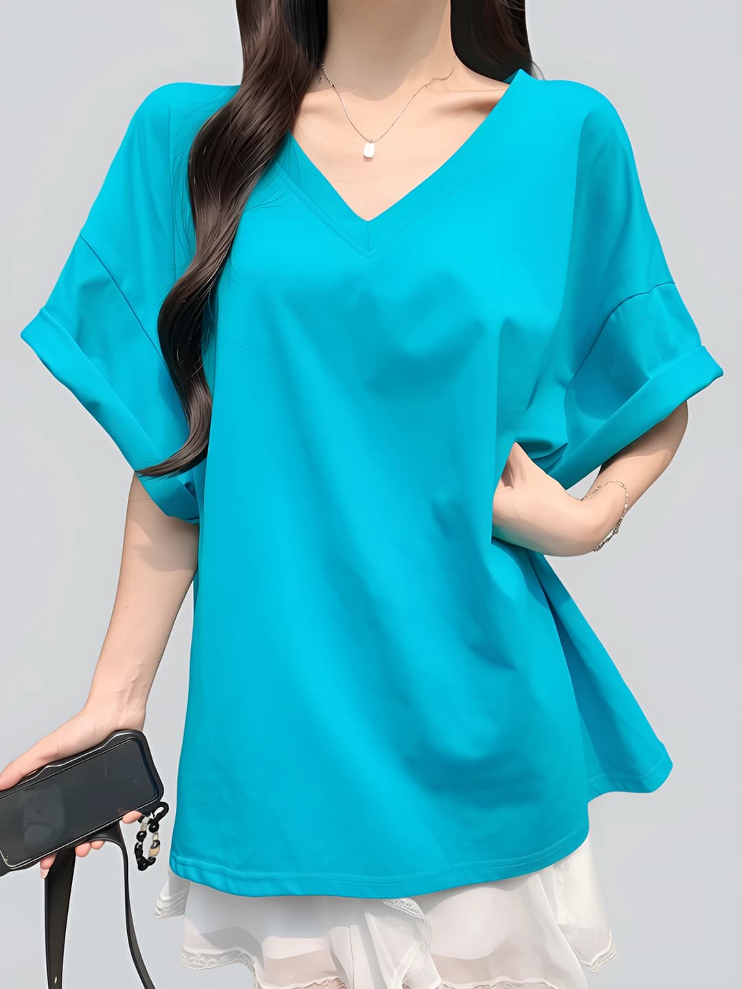 Women's Korean style V-neck t-shirt, short sleeve, loose fit, thin, summer, casual, slimming
