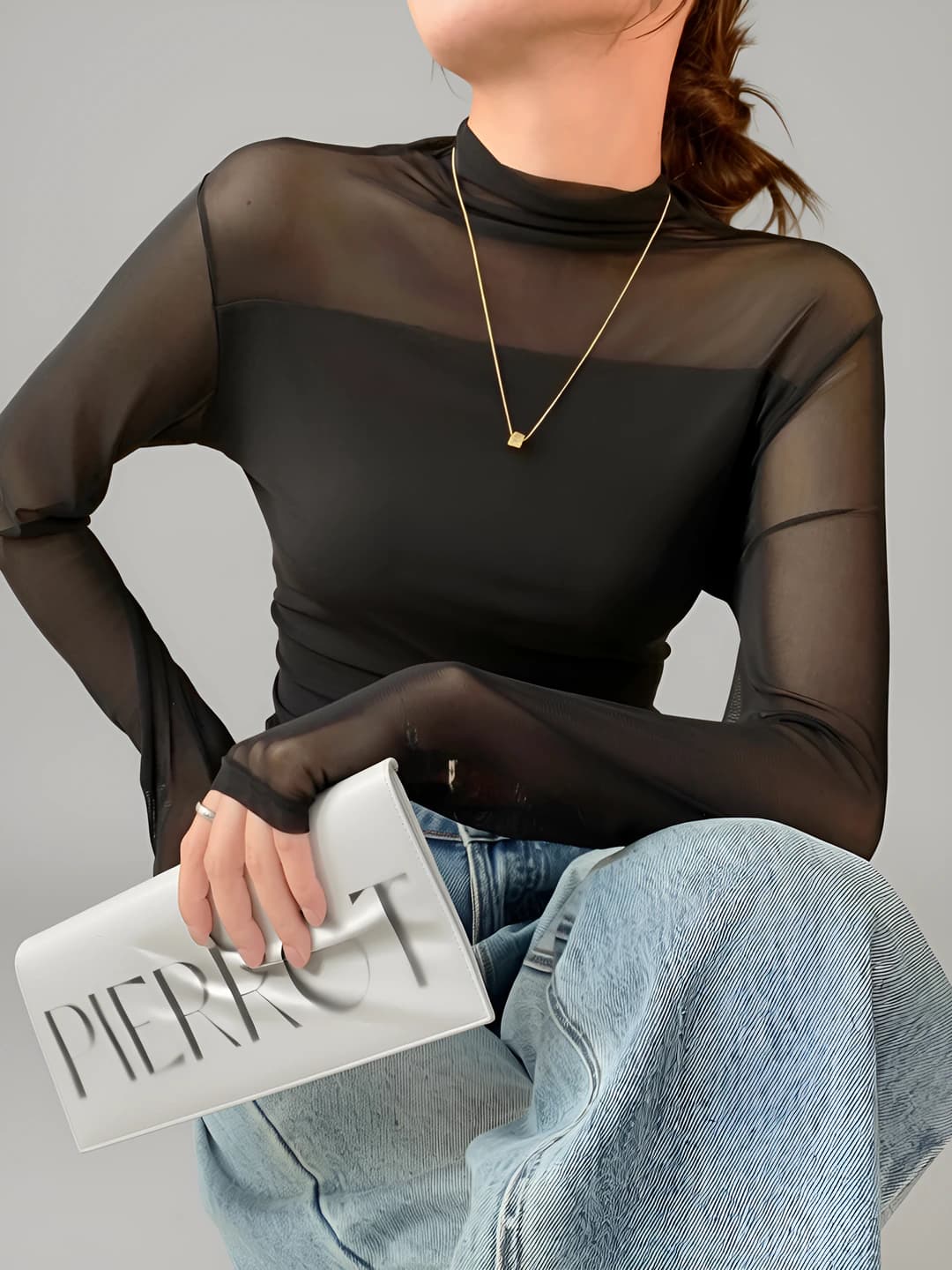 Women's lace long-sleeve mock neck longsleeve, slim fit, slimming, black