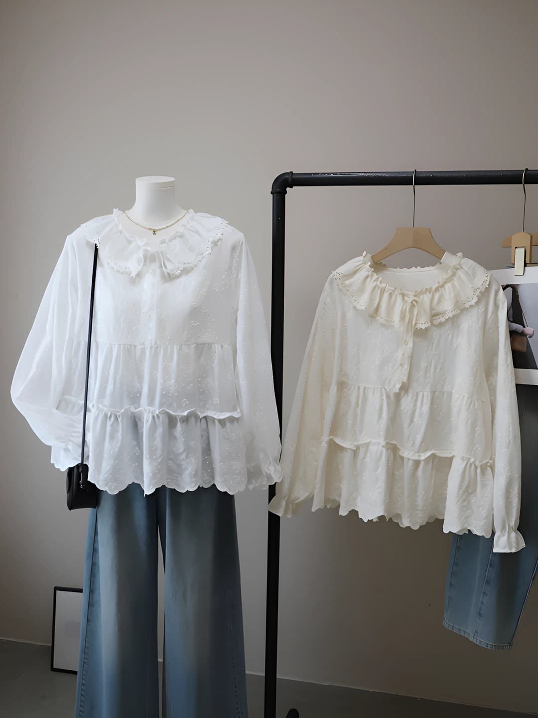 Women's 2026 early spring Korean-style ruffled embroidered blouse, long sleeve, loose fit, slimming