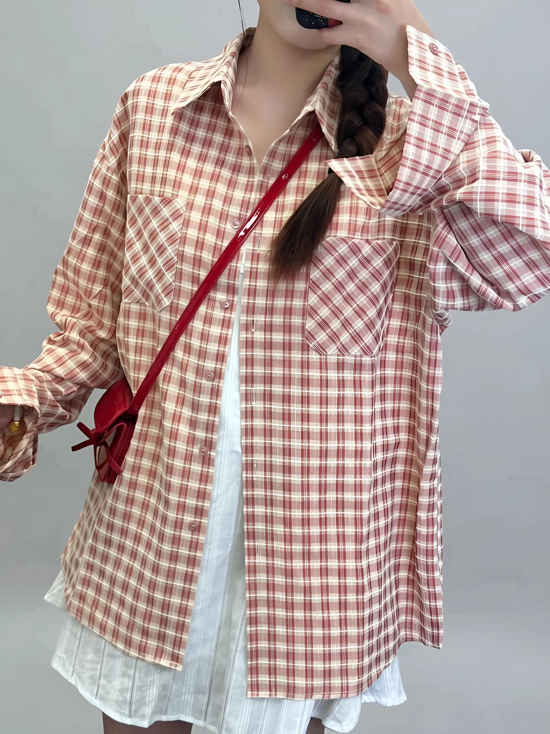 Women's spring-summer checked long-sleeve shirt, loose fit, slimming, sun-protective, POLO collar, button closure