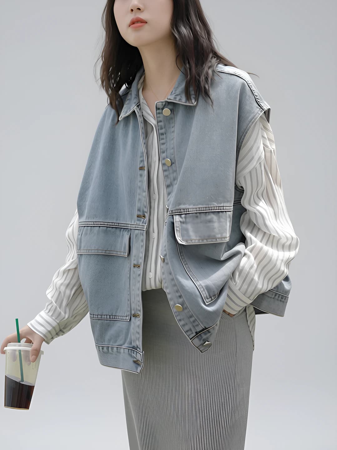 Ayollar uchun yengsiz denim jilet, koreys uslubida, bo'sh (oversize), qaytarma yoqa, bir rangli, bahor-kuz