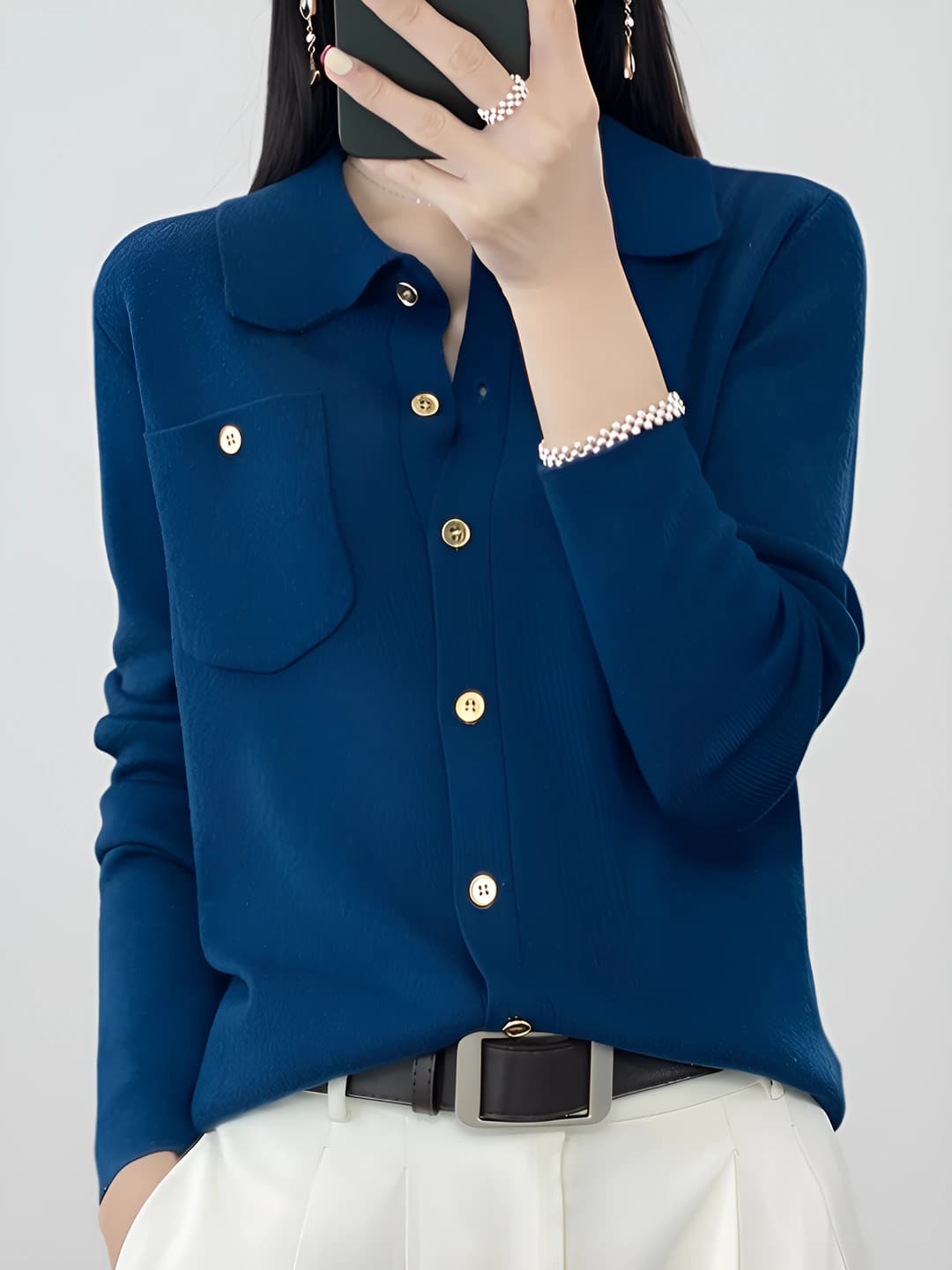Ayollar uchun preppi uslubdagi junli kardigan, POLO yoqa, uzun yeng, bo'sh (oversize) kesim, bahor-kuz
