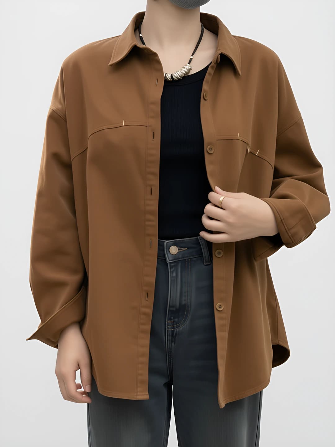 Ayollar uchun bahor-kuzgi ko'ylak-shirt, qaytarma yoqa, uzun yeng, bo'sh (oversize) kesim, bir rangli, koreys uslubida, ish uslubida