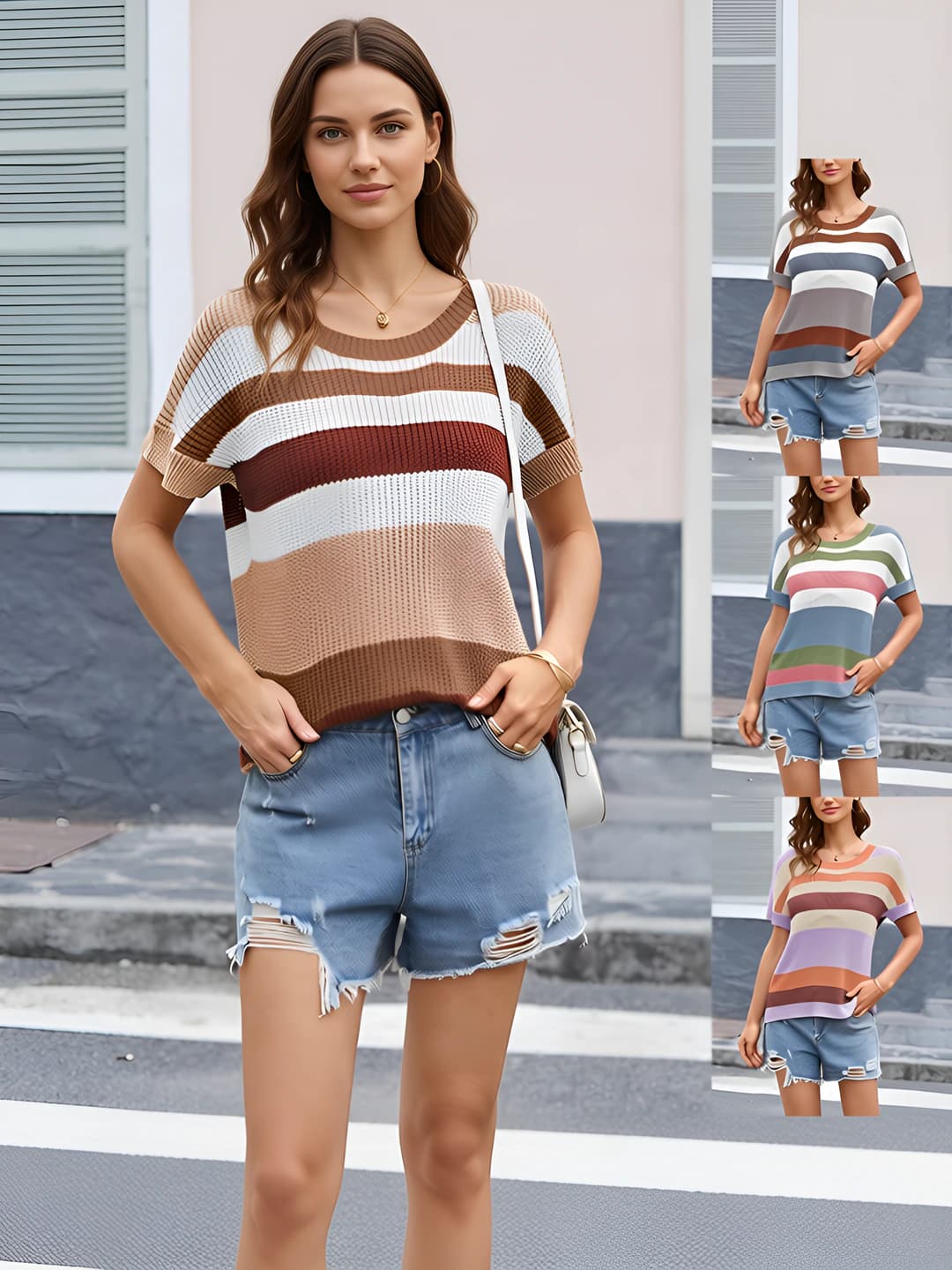 Women's striped short-sleeve knit top, loose fit, crew neck, elbow-length sleeve, casual style