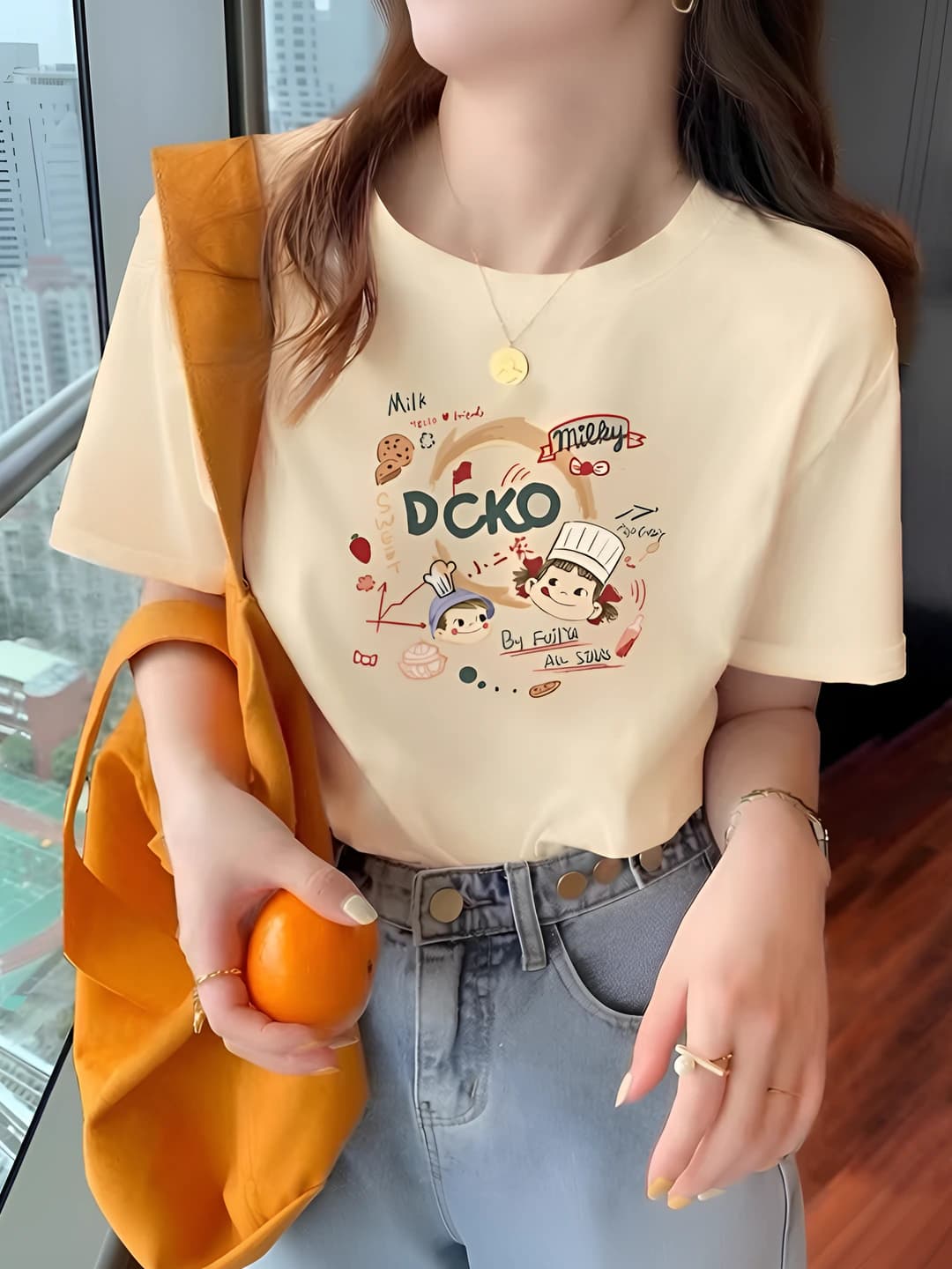 Women's pure cotton short sleeve thin t-shirt, summer, loose fit, plus size, white, retro, slimming, printed