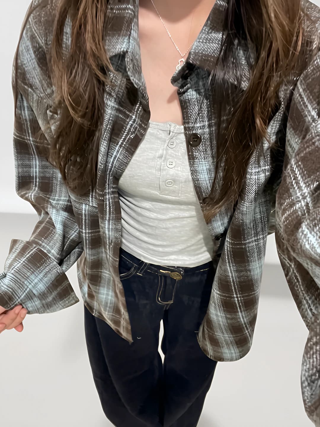 Women's autumn retro checked long-sleeve shirt, loose fit, lapel collar, casual style