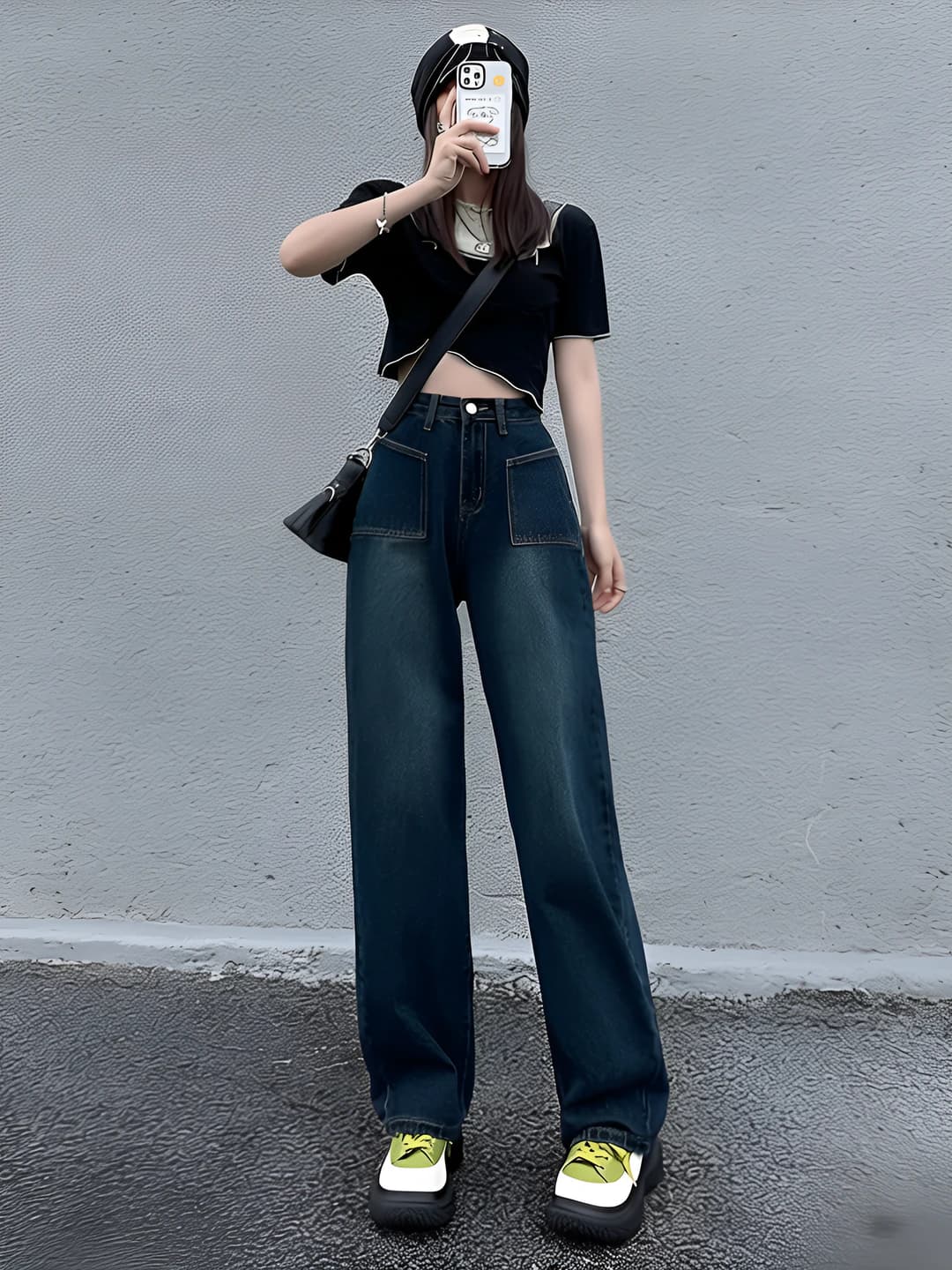 Ayollar uchun bahor-kuz retro baland bel jinsi shim, bo'sh (oversize) to'g'ri kesim keng shim