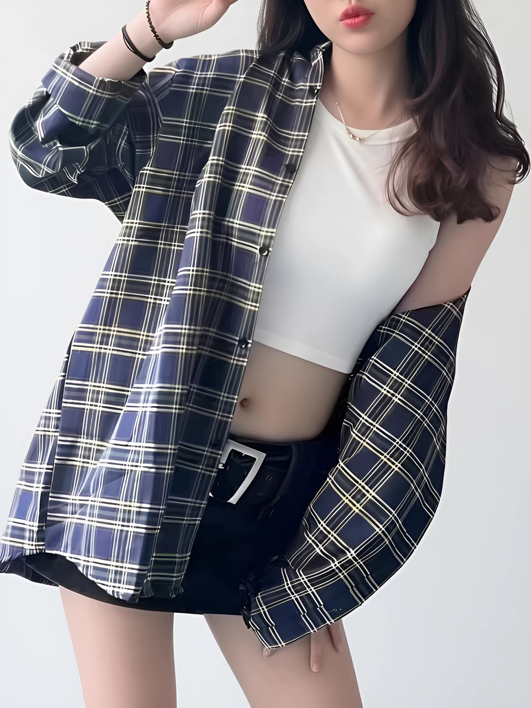 Women's retro checked long sleeve shirt, Korean style, spring-summer, loose fit, casual