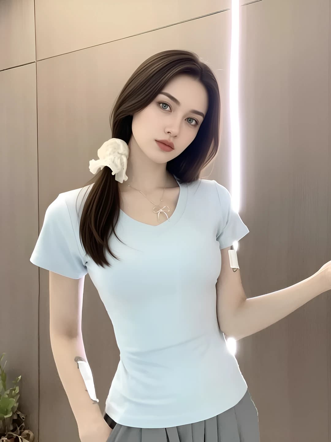 Women's V-neck short-sleeve t-shirt, slim fit, casual sports style, 2026