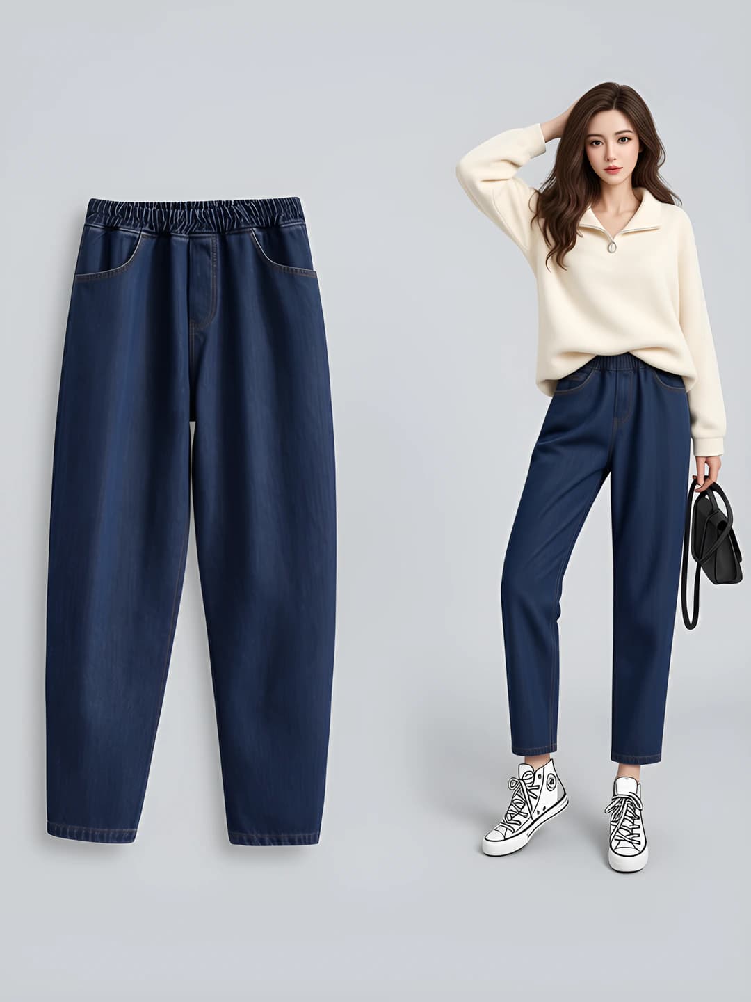 Women's plus size straight jeans, spring-autumn, elastic waist, loose fit, casual style