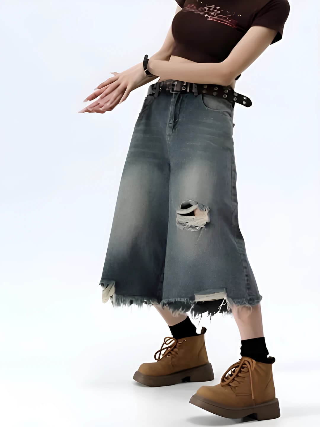 Women's denim skirt: distressed, straight cut, high waist, summer retro style