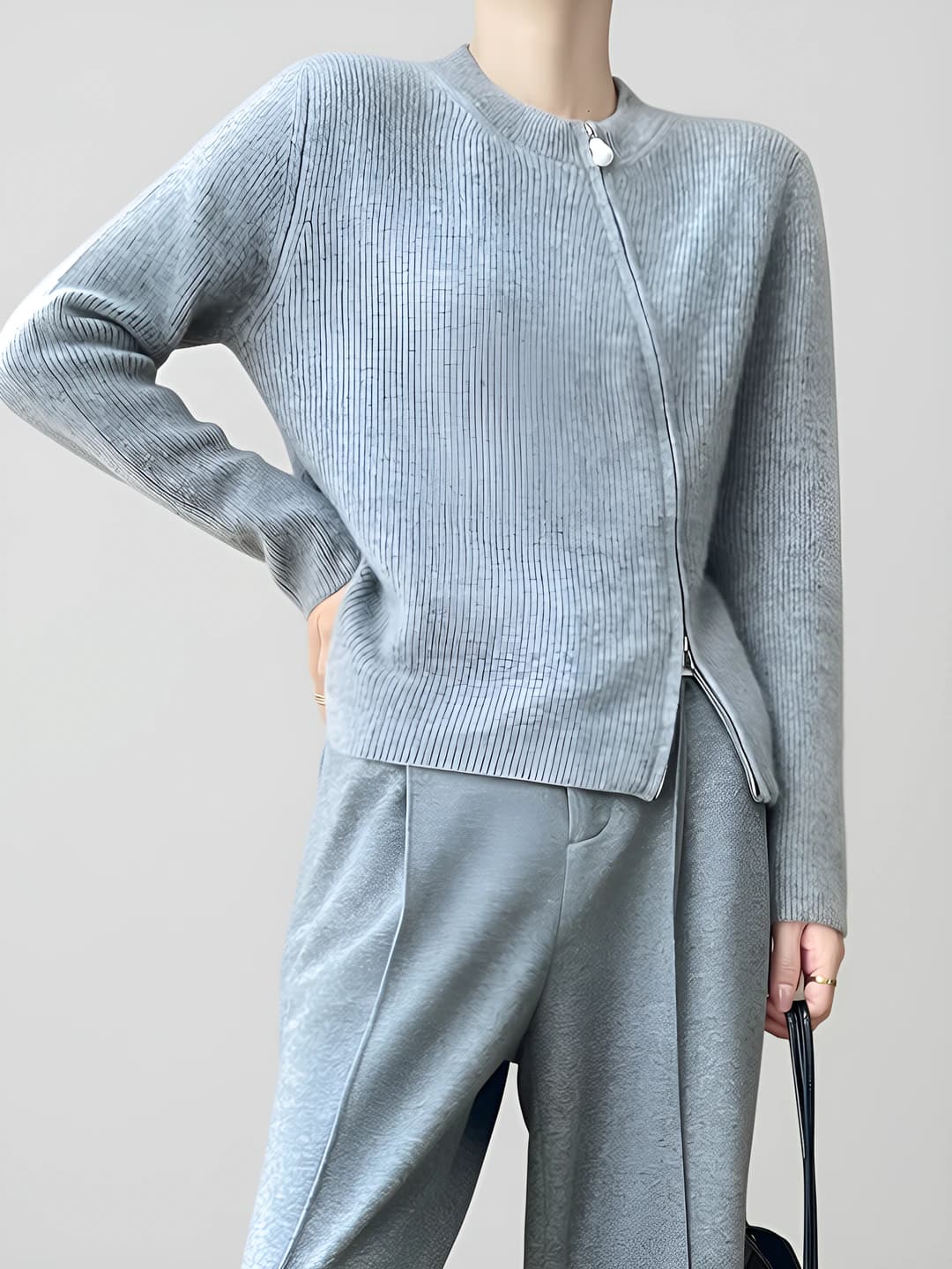 Ayollar uchun kuz-qish jun va kashemir kardigan, dumaloq yoqa, fermuarli, bo'sh (oversize) kesim, nozik ko'rsatadigan