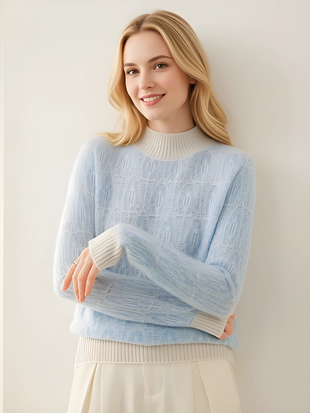 Women's cashmere sweater, mock neck, loose fit, thickened, cropped, long sleeve, geometric pattern, color-block