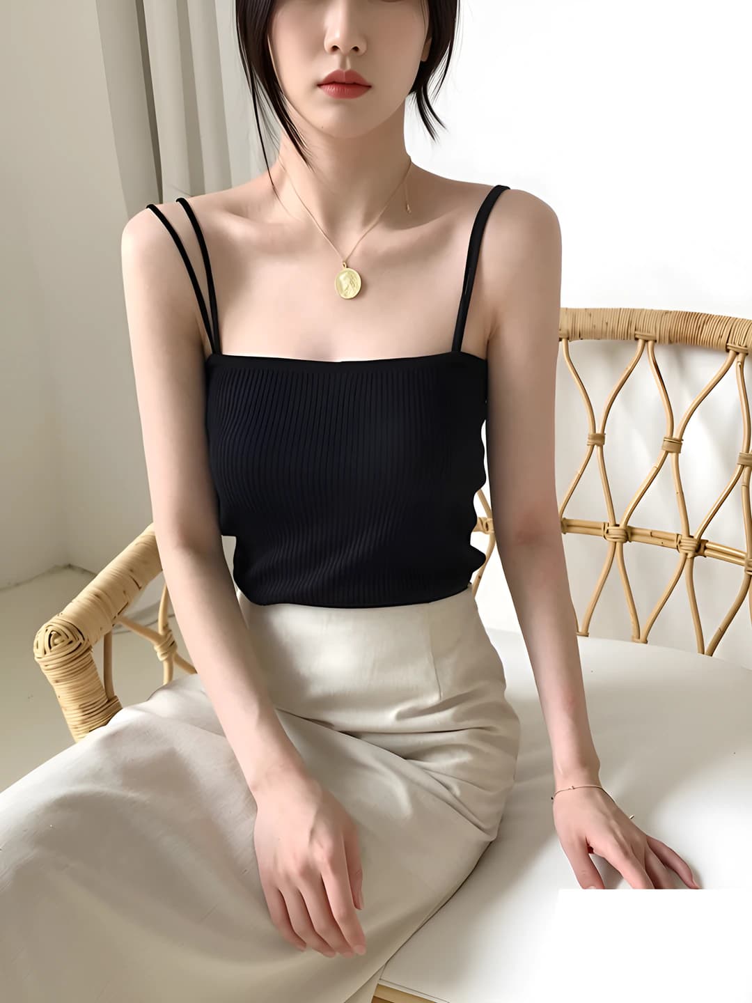 Women's strap top: Korean style, slim fit, cropped, spring-summer, fabric with 50-70% viscose