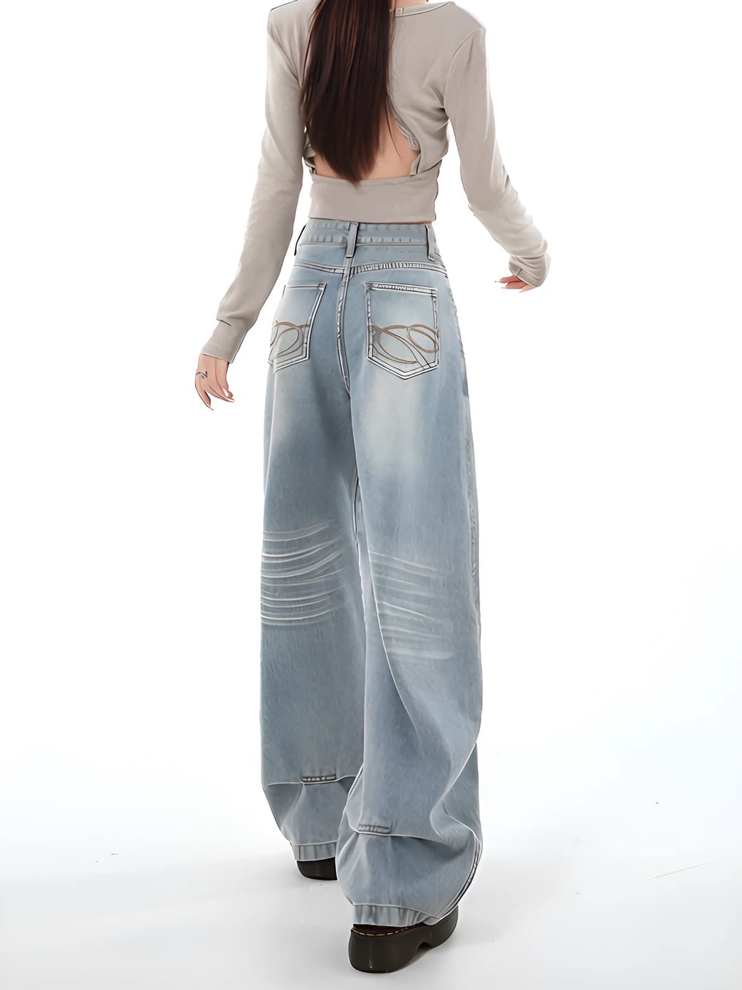 Ayollar uchun past bo'ylilar uchun yozgi baland belli bo'sh (oversize) keng jinsi shimlar, kashtali dizayn, to'g'ri kesim