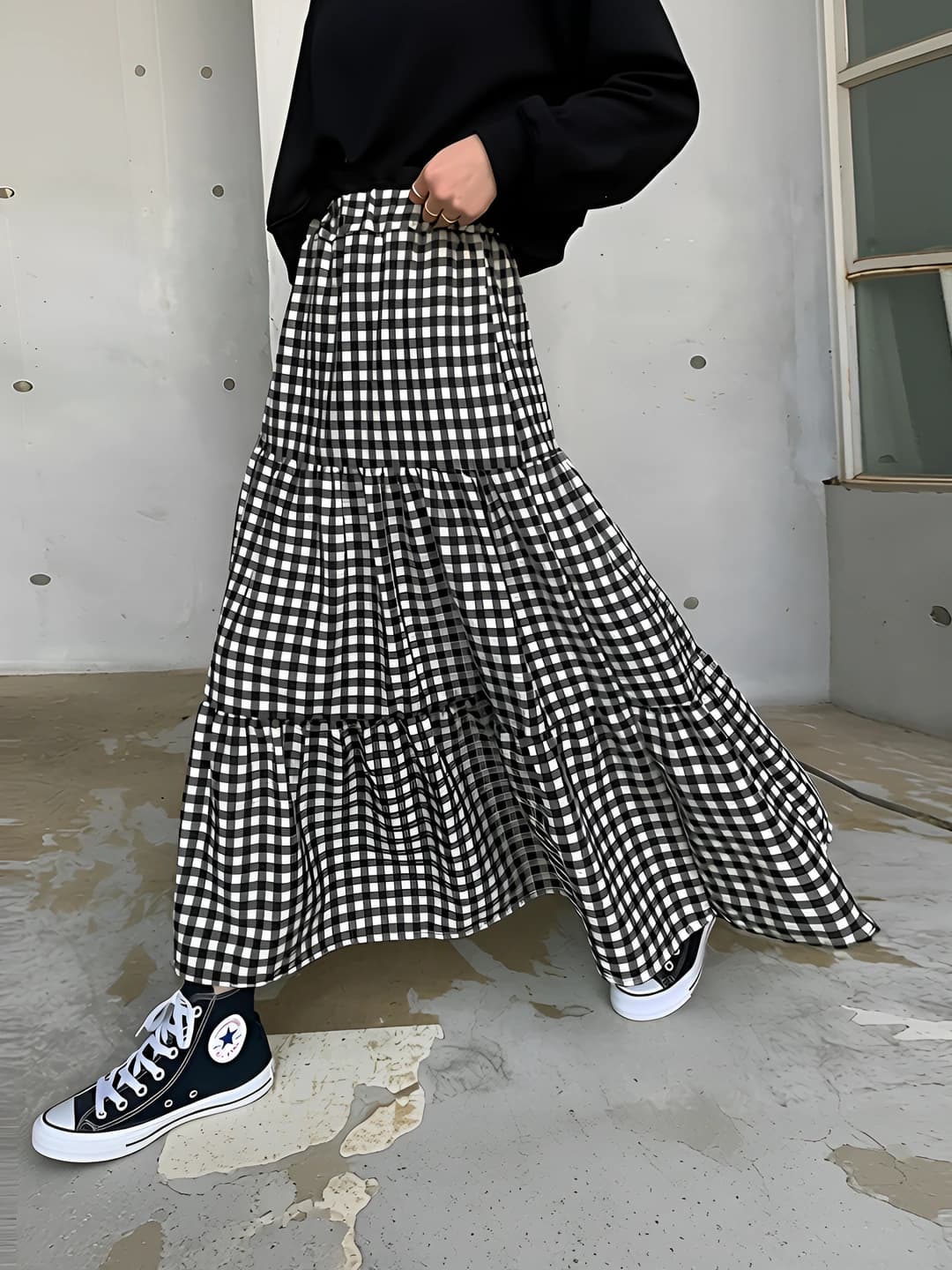 Women's long A-line checked skirt in Korean style spring-summer 2026