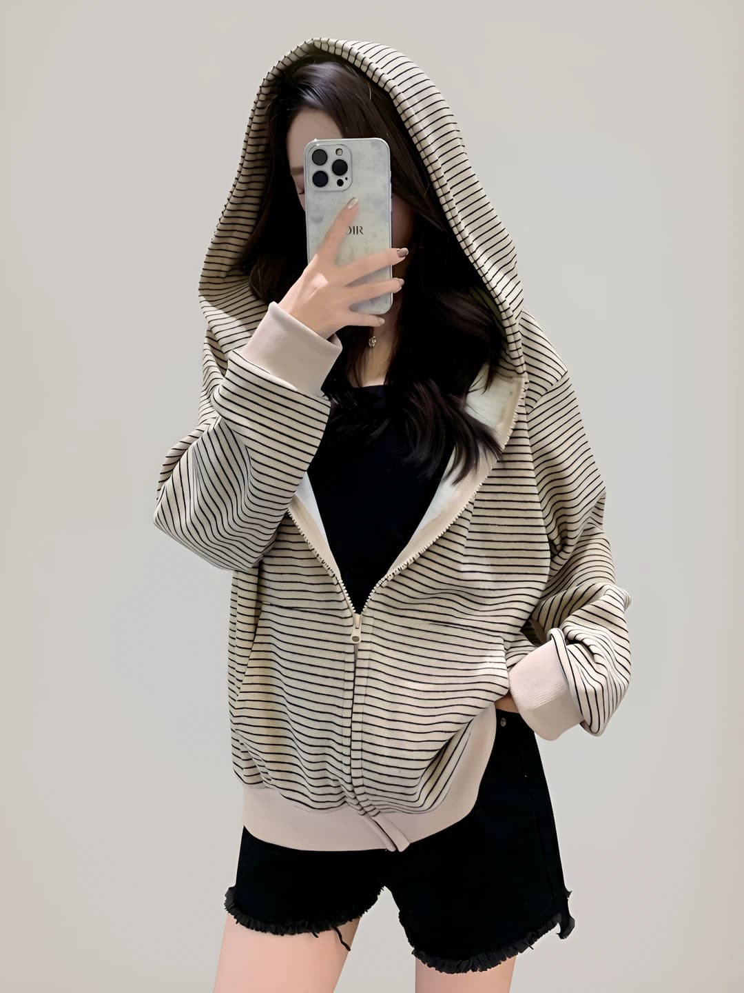 Women's retro striped zip sweatshirt, autumn-winter, thick, loose fit, long sleeve
