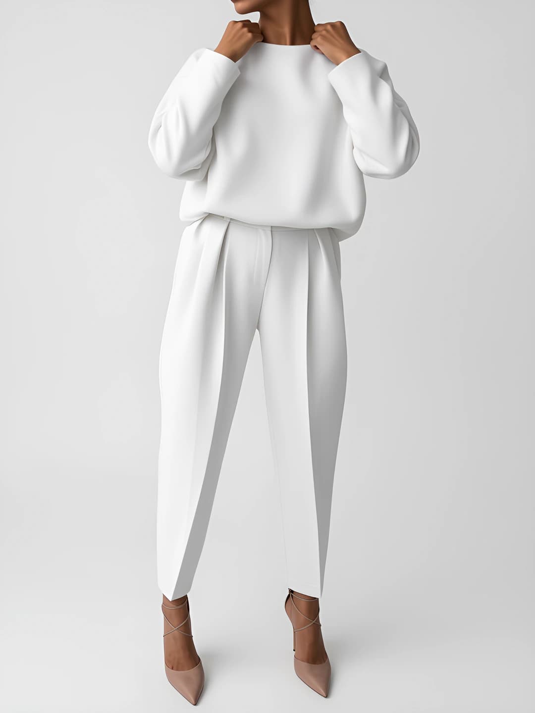 Women's solid colour long sleeve casual clothing set: plus size set with wide-leg trousers