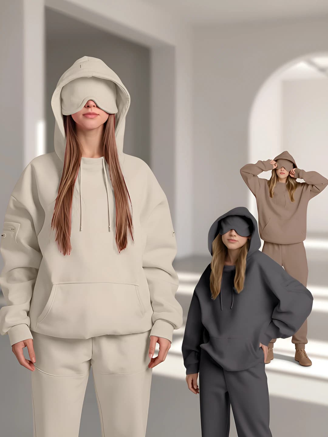 Ayollar uchun issiq saqlaydigan kuz-qish xudisi, bir rangli, bo'sh (oversize) kesim, uzun yeng, poliester va spandex aralash mato