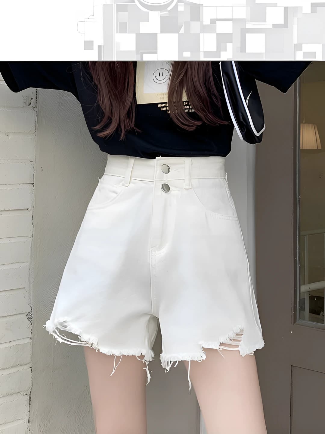 Ayollar uchun oq jinsi shorti, baland bel, bo'sh (oversize), yupqa, nozik ko'rsatadigan, A-shakl, yirtiq-dizayn, koreys uslubida, yozgi
