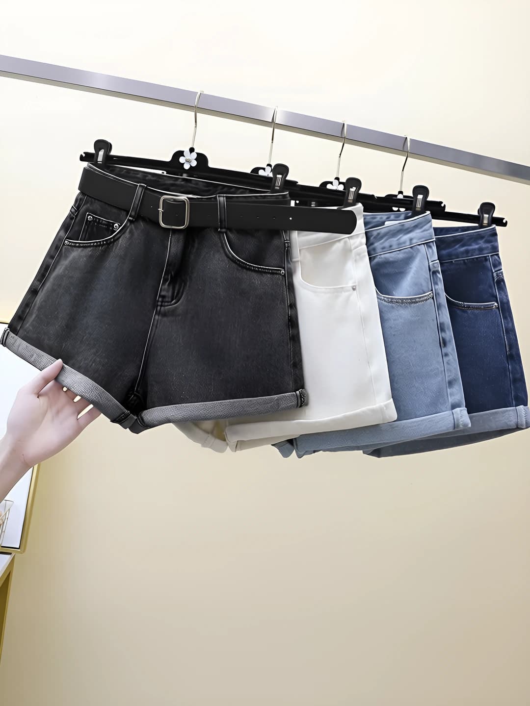 Women's 2026 Korean style high waist loose fit slimming A-line wide-leg denim shorts, black-grey, casual