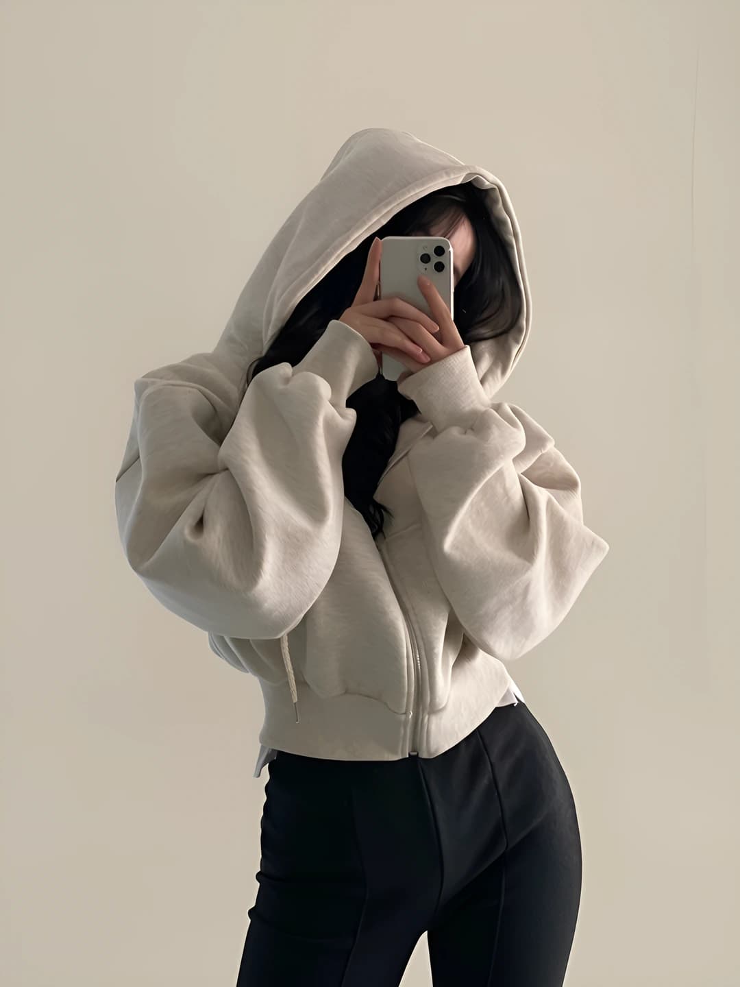 2026 autumn-winter women's warm fleece-lined hoodie, solid colour, slim fit, cropped, with zip