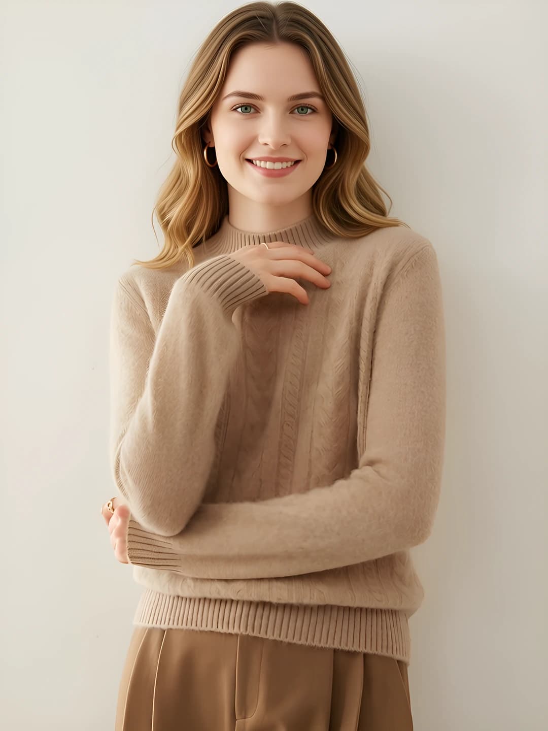 Women's cashmere sweater, mock neck, thickened, cable knit, loose fit, casual, autumn-winter